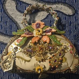 Mary Frances Beaded Floral Clutch with Gold and Purple Accents